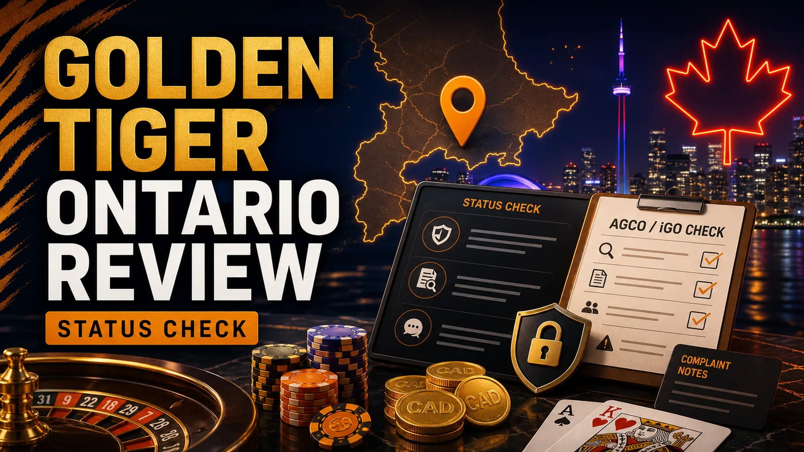 Reviewer desk with Golden Tiger name, Canada flag detail, ratings/checklist panel